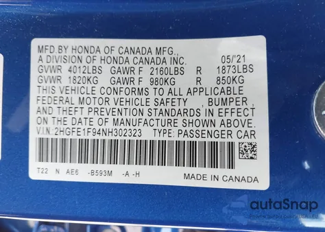 2022 Honda Civic Touring из США, поврежденный, VIN 2HGFE1F94NH302323